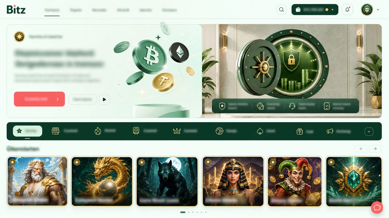Startseite des Bitz Casinos mit Spielkategorien und Slot-Übersicht