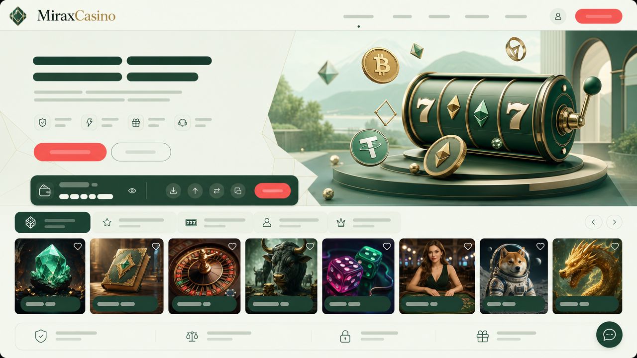 Startseite von MiraxCasino mit Spielkategorien und Wallet-Bereich