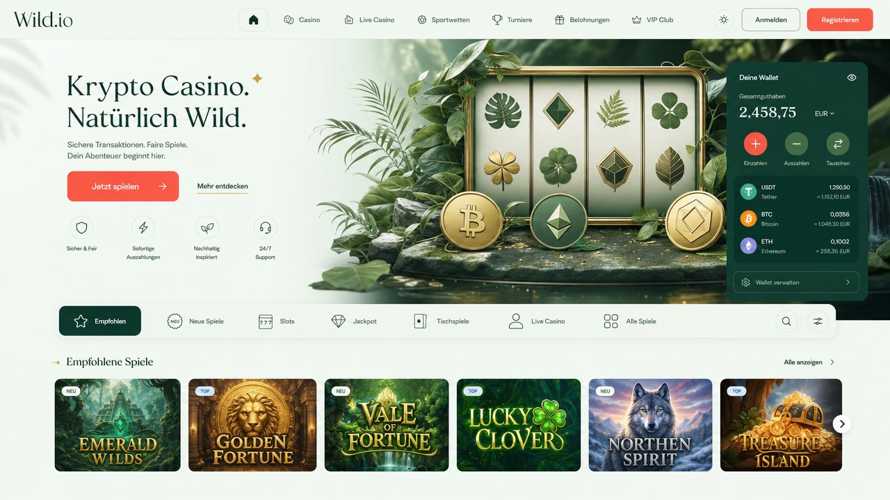 Startseite des Online-Casinos Wild.io in Mintgrün, Waldgrün und Cremetönen
