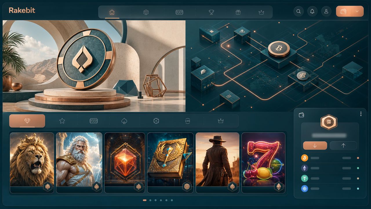 Startseite von Rakebit mit Spielkategorien, Slot-Kacheln und Wallet-Bereich