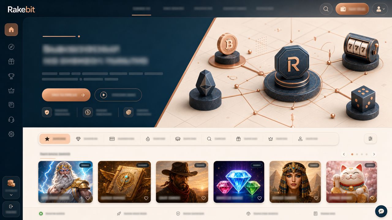 Startseite von Rakebit mit Spielkategorien und Slot-Übersicht
