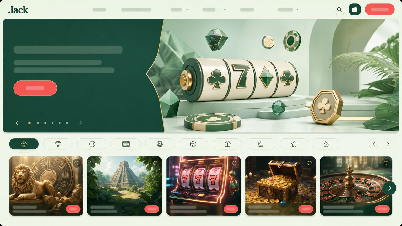 Startseite von Jack Casino mit Spielkategorien und Slot-Kacheln