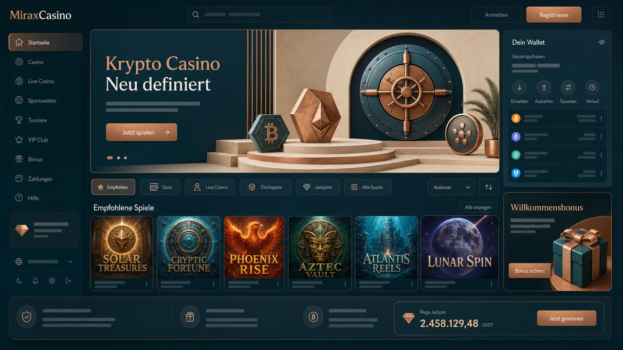 Startseite von MiraxCasino mit Spielkategorien, Slot-Kacheln und Wallet-Bereich