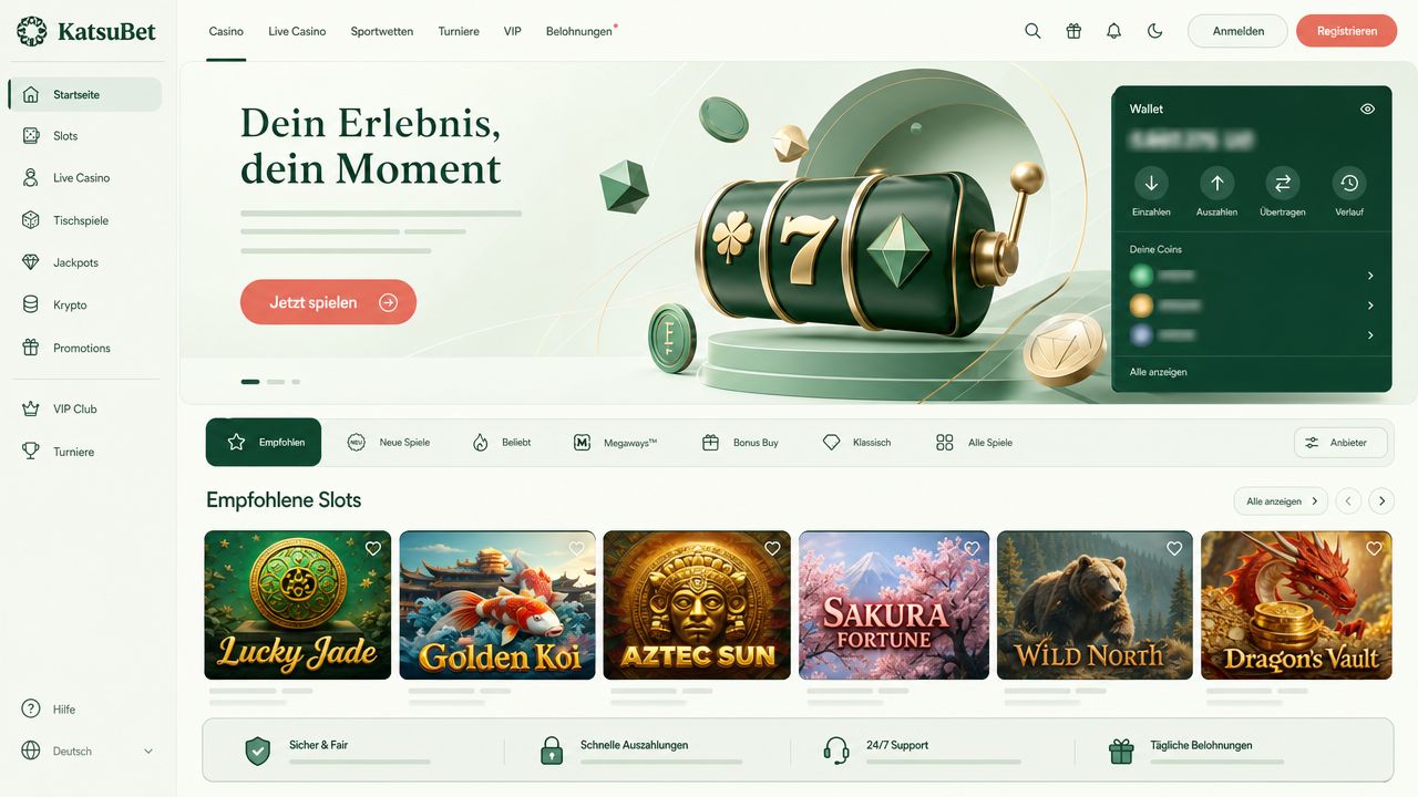 Startseite von KatsuBet mit Spielkategorien und Slot-Übersicht