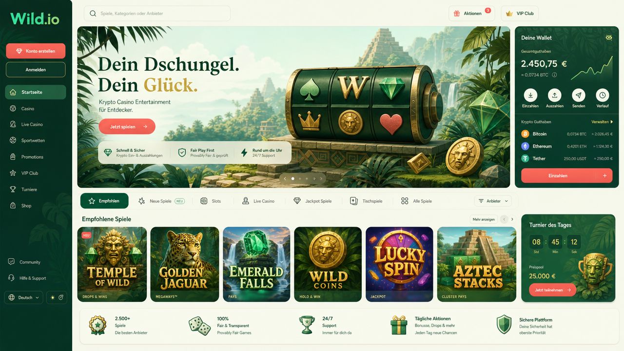 Startseite von Wild.io mit Spielkategorien und Wallet-Bereich