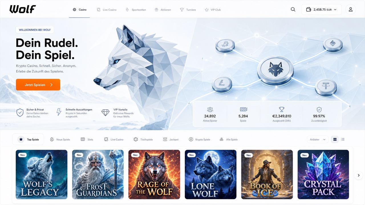 Startseite von Wolf.io mit Wolf-Motiv und Spielekacheln