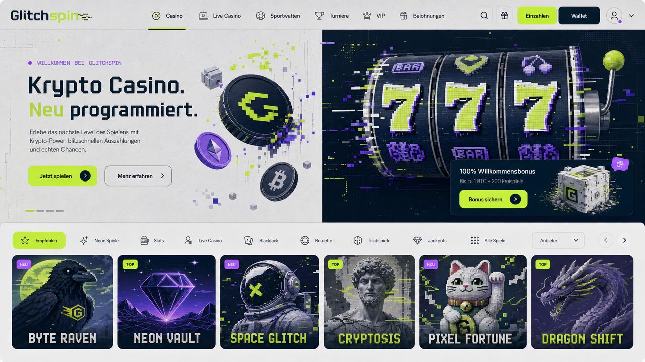 Startseite von Glitchspin mit Spielautomaten im Glitch-Look und bunten Spielkacheln