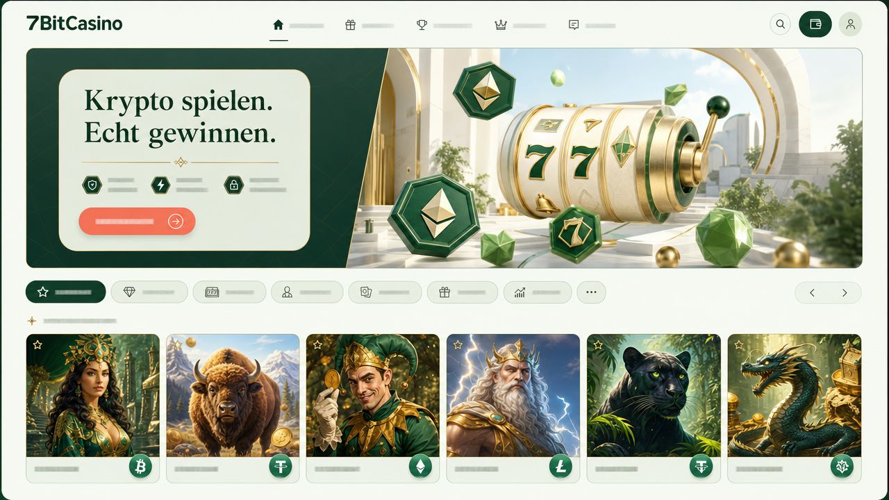 Startseite von 7BitCasino mit Spielkategorien, Slot-Kacheln und Wallet-Symbol