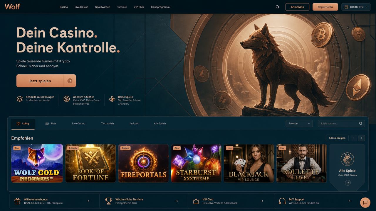 Startseite von Wolf.io mit Kupfer-Wolf-Motiv, Spielkategorien und Slot-Kacheln