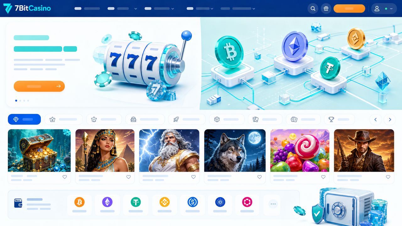 Startseite von 7BitCasino mit Spielkategorien, Spielekacheln und Wallet-Symbolen